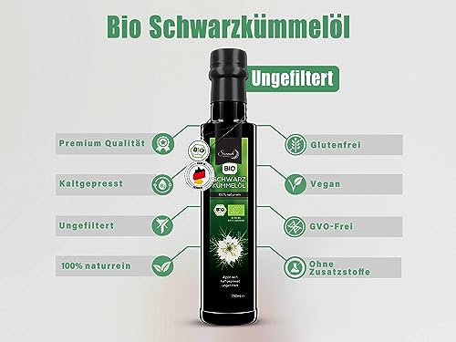 Sunnah Shop® Huile de nigelle bio pour la santé - Véritable Nigella Sativa - Huile de cumin noir non filtrée et pressée 