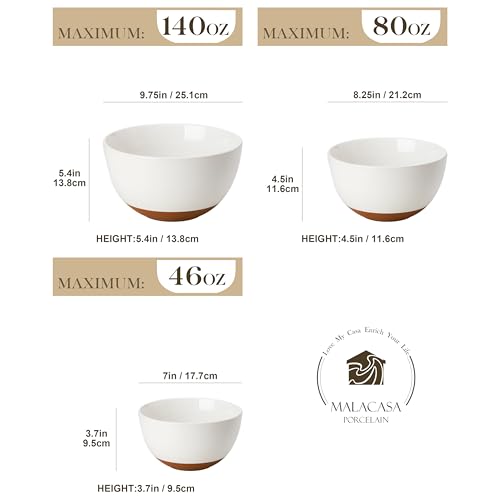 MALACASA Série TARA, Mélangeurs en Grès Blanc Vanille | 3 Bols Mélangeurs pour Céréales | Empilable & Lave-vaisselle | I