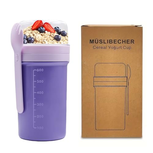 Zyluniy Verre à Yaourt Double Couche 650ml+250ml avec Cuillère, Bol Muesli Porte-Plat pour Overnight Oats, Salades de La