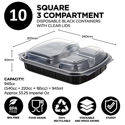 Sabco - Lot de 10 boîtes à repas réutilisables à 3 compartiments, base noire avec couvercles, pour déjeuner, plats à emp