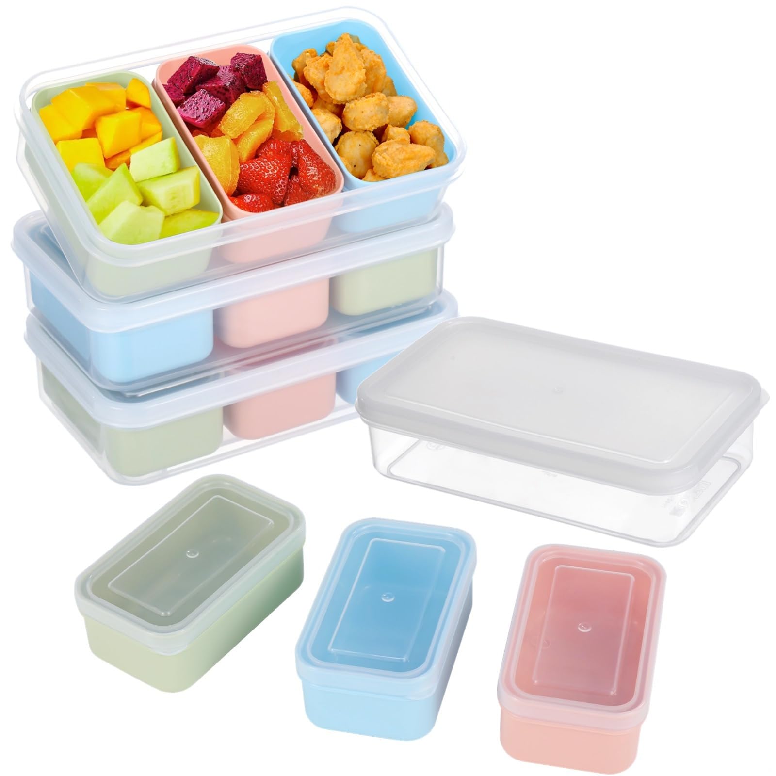 Lot de 4 boîtes à goûter empilables à 3 compartiments, réutilisables et?sécurisées avec couvercles, conçues pour lespare