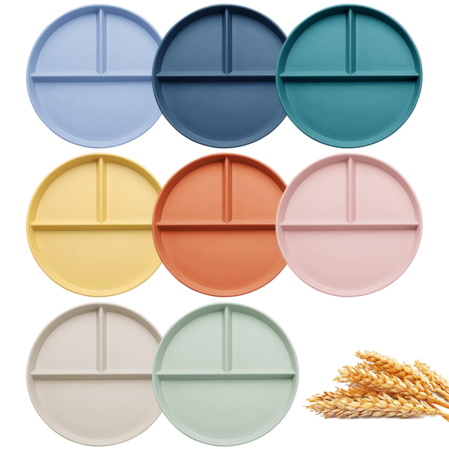 Lot de 8 assiettes compartimentées OWill pour Adultes, assiettes en plastique divisible en 3 parties, 23CM, assiettes de