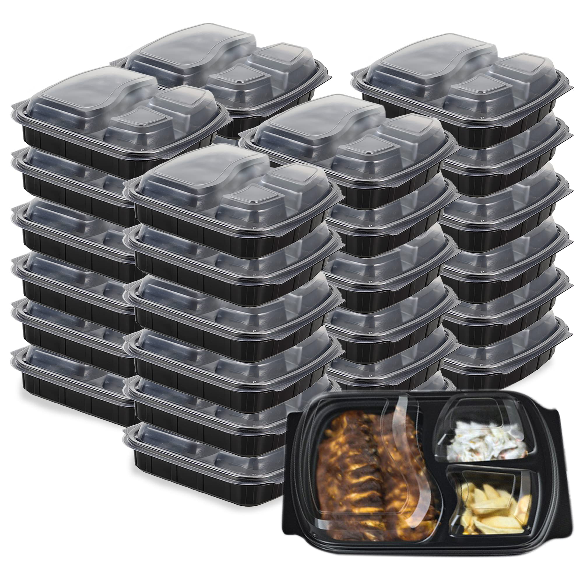 Sabco - Lot de 10 boîtes à repas réutilisables à 3 compartiments, base noire avec couvercles, pour déjeuner, plats à emp